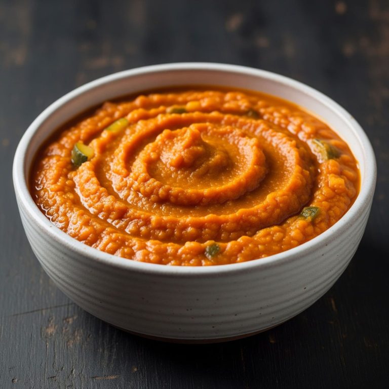 Schüssel mit cremigem, orangefarbenem Linsen-Gemüse-Eintopf leicht püriert.