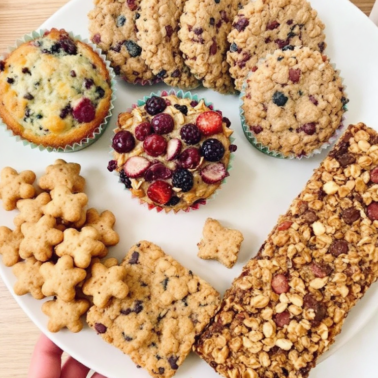 Eine Auswahl an Gebäck: Muffins, Kekse, Müsliriegel und Obsttörtchen auf einem Teller.