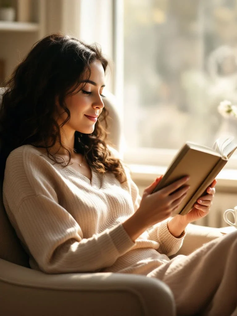 Frau mit lockigem Haar, sitzt und liest in einem hellen Raum mit Sonnenschein.