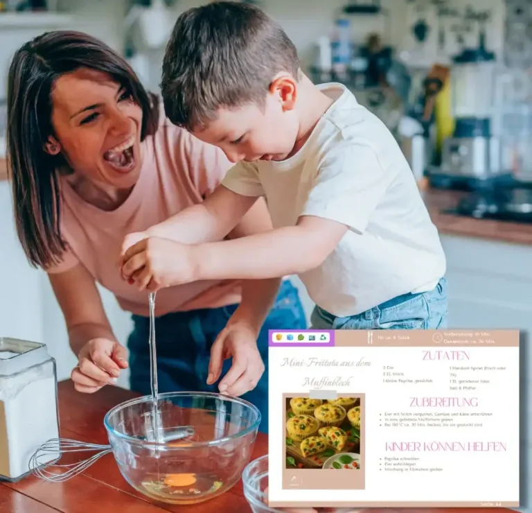 Kind und Erwachsene lachen beim Eiertrennen in einer modernen Küche.