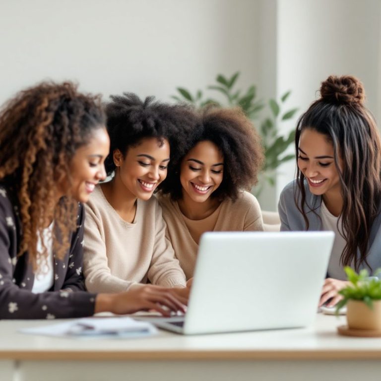 Vier Frauen sitzen zusammen am Tisch und schauen auf einen Laptop.