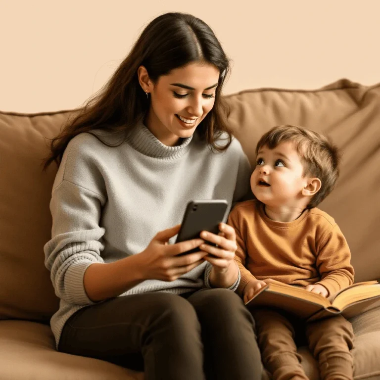Eine Frau sitzt auf einem Sofa und guckt auf ihr smartphone. 