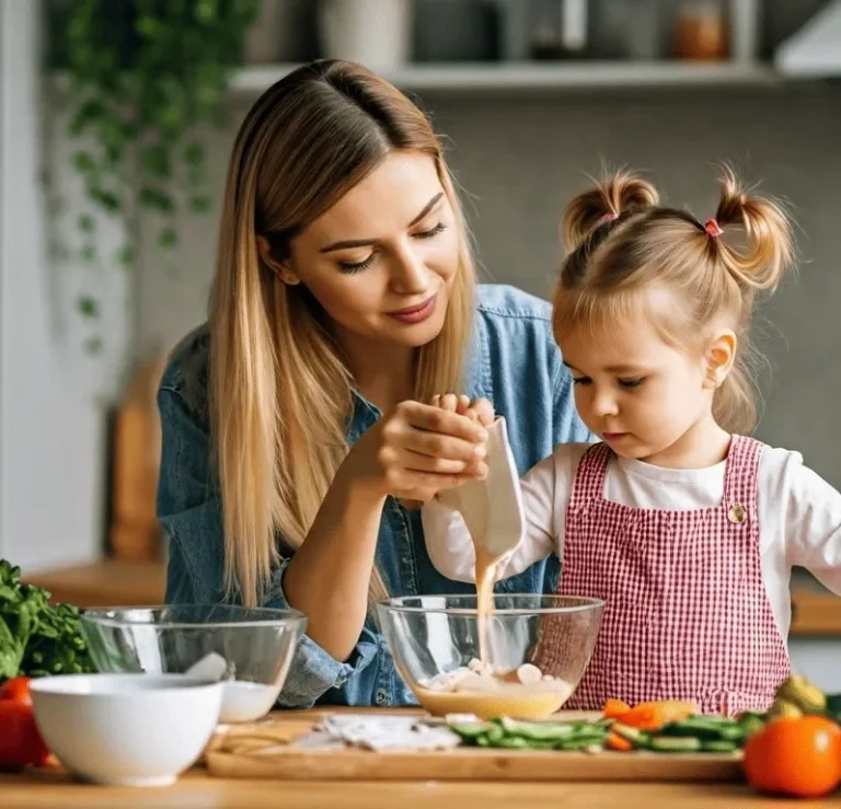 Eine Mutter und ihre Tochter bereiten gemeinsam eine Mahlzeit in der Küche vor.