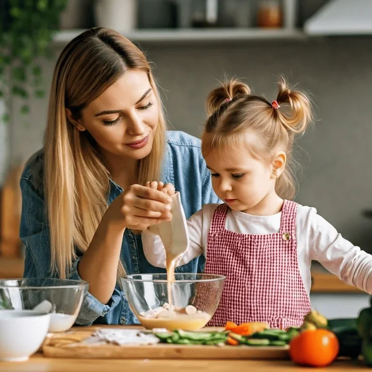Eine Mutter kocht mit ihrer Tochter und sie bereiten einen Teig in einer Schüssel vor.