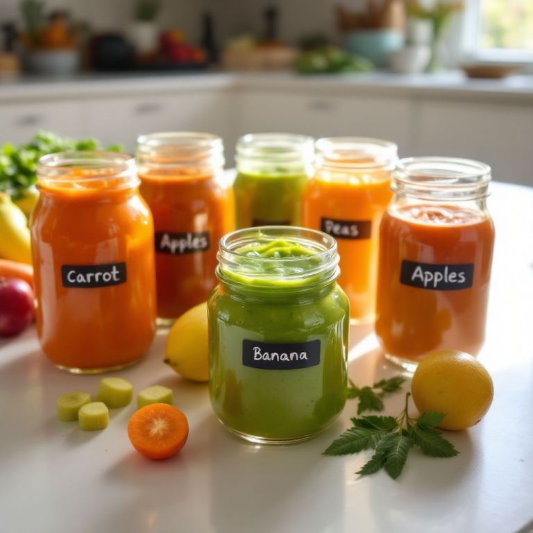 Sechs Glasbehälter mit verschiedenen Fruchtsäften und Smoothies auf einer Küchenoberfläche.