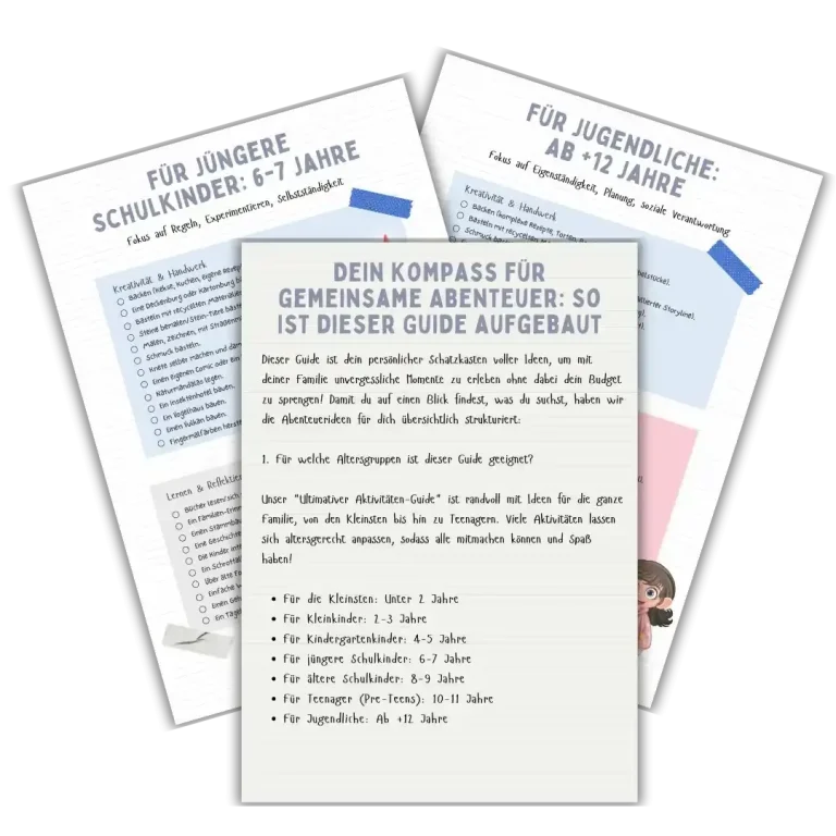 Titelbild eines Aktivitätsleitfadens für Familien mit kleinen Kindern, umgeben von weiteren Dokumenten.