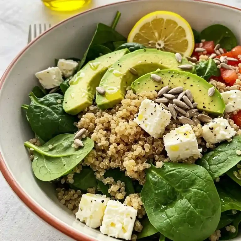 Schüssel mit Spinat, Quinoa, Feta, Avocado, Tomaten und Sonnenblumenkernen.
