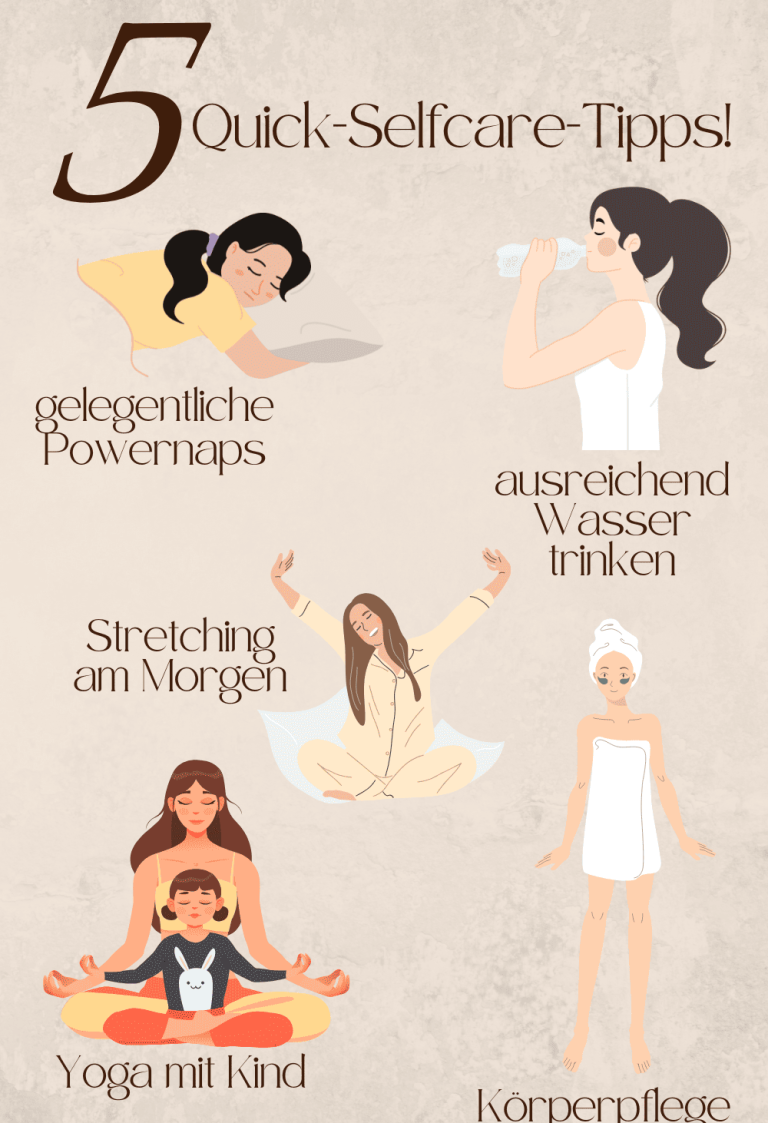 Fünf Tipps zur Selbstpflege: Dehnen, Yoga, Wasser trinken, gesunde Ernährung und Entspannung.
