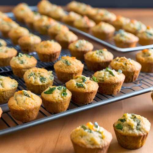 Frisch gebackene Mini-Muffins auf einem Kühlgestell, mit verschiedenen Zutaten.