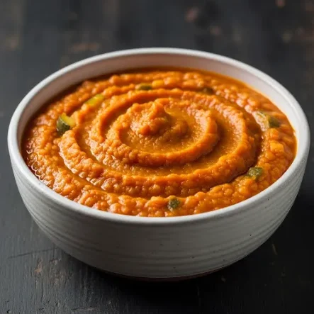 Eine Schüssel mit cremiger, orangefarbener Linsensuppe.