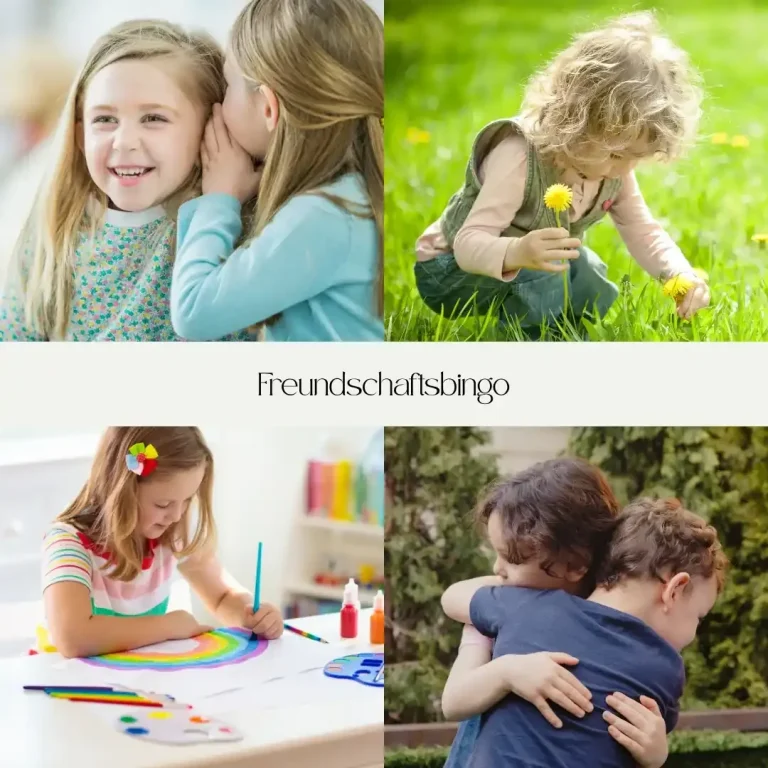 Vier Bilder von Kindern, die spielen, flüstern, malen und in der Natur sind.