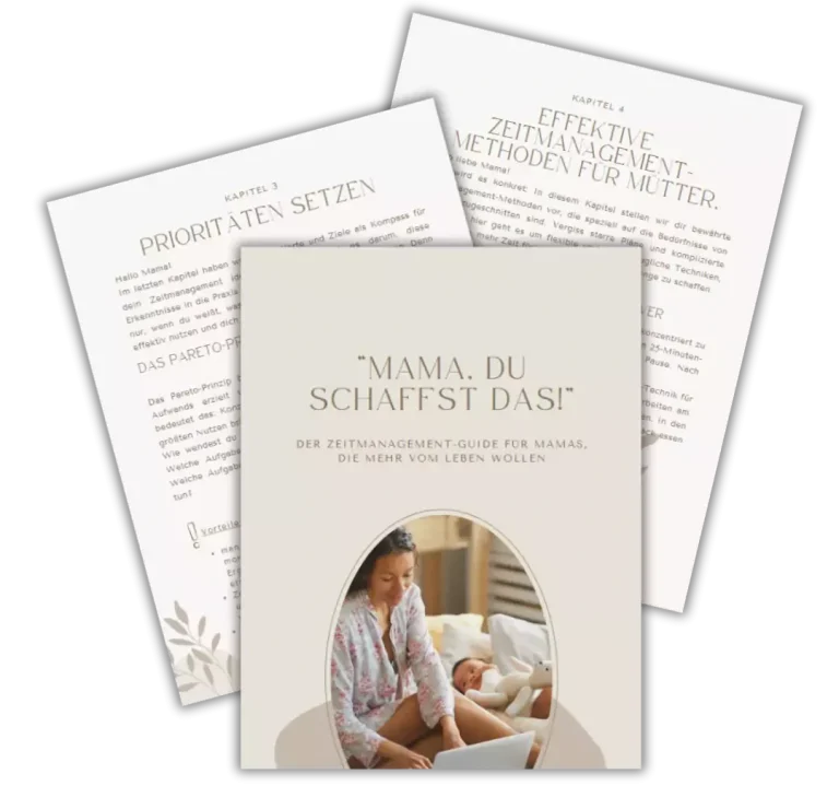 Zwei Blätter mit Text und ein Bild einer Frau mit Kind in einem eleganten Rahmen.