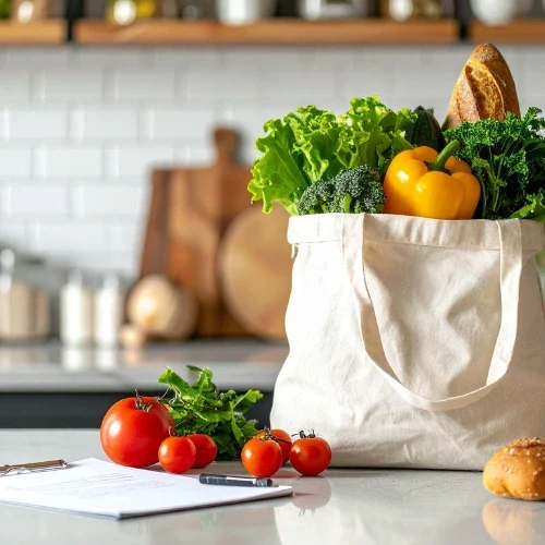 Jute-Tasche mit frischem Gemüse und Brot auf einer Küchenarbeitsfläche.