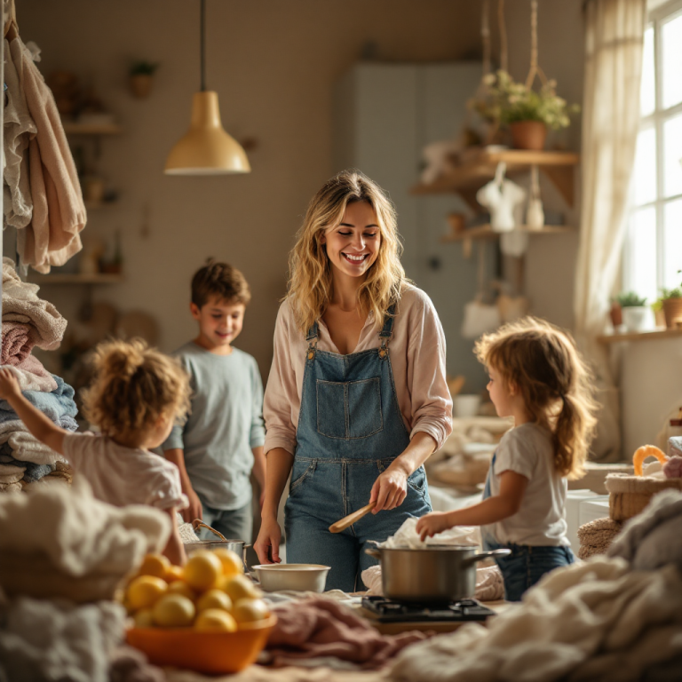 Eine Mutter kocht mit ihren zwei Kindern in einer gemütlichen, unordentlichen Küche.