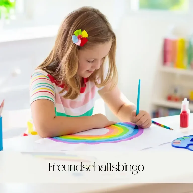 Ein Mädchen malt einen bunten Regenbogen mit verschiedenen Farben.