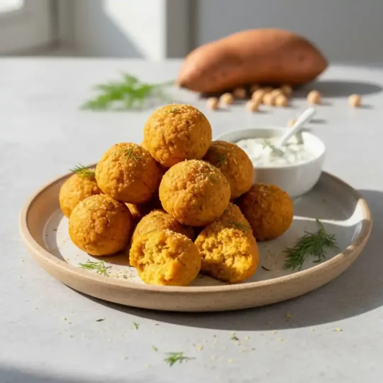 Geröstete Süßkartoffelbällchen auf einem Teller, serviert mit Joghurtdip.