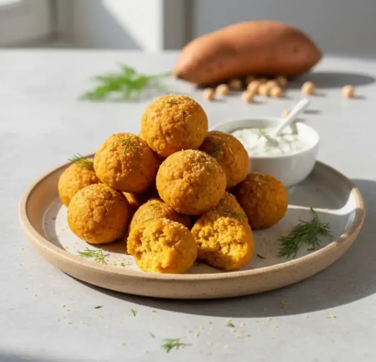 Orangenfarbene Kügelchen aus Süßkartoffeln auf einem Teller, mit Dip im Hintergrund.