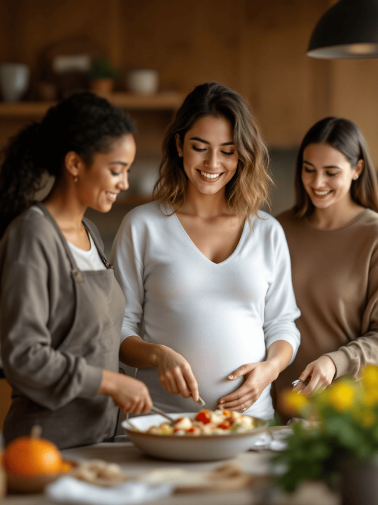 Drei Frauen kochen zusammen, eine ist schwanger, in einer gemütlichen Küchenumgebung.