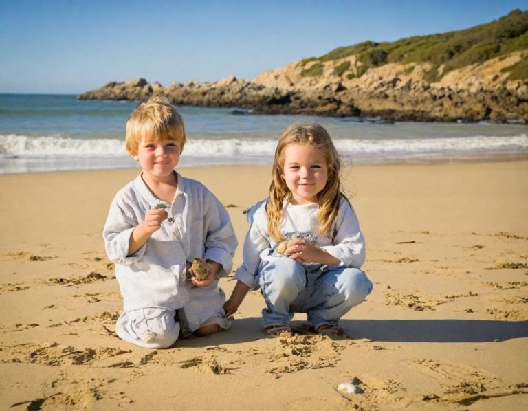 Zwei Kinder spielen am Strand und halten Sandschalen in der Hand.
