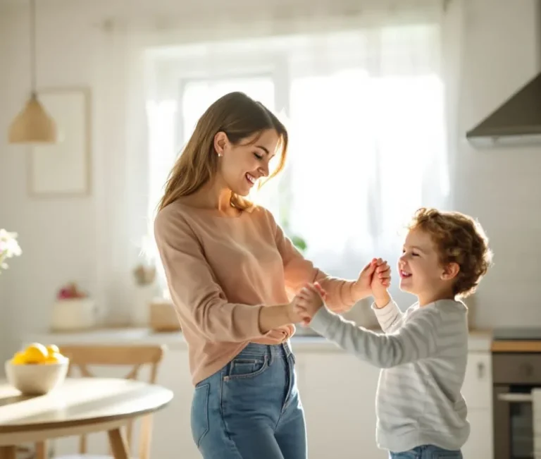 Eine Mutter tanzt fröhlich mit ihrem kleinen Sohn in einer hellen Küche.