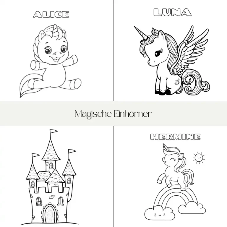 Vier Ausmalbilder: Ein Einhorn, ein Pegasus, ein Schloss und ein Regenbogen-Pony.