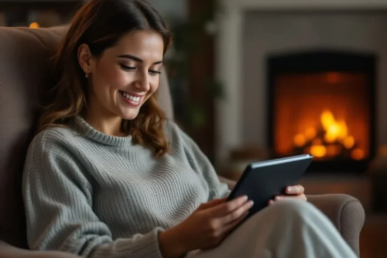 Selbstfürsorge für Mamas Frau sitzt in einem Sessel und lächelt, während sie ein Tablet benutzt. Kamin im Hintergrund.