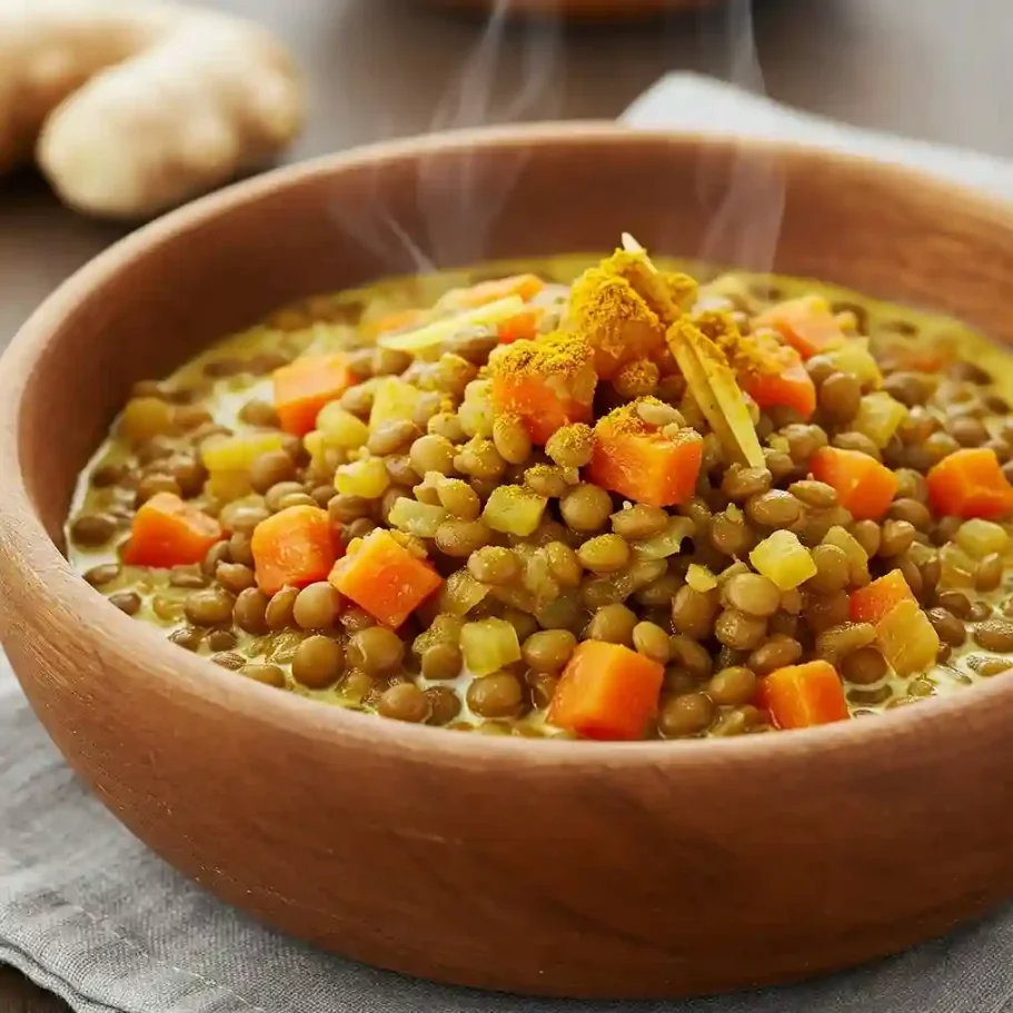 Schüssel mit dampfender Linsensuppe, eingelegten Karotten und Gewürzen.