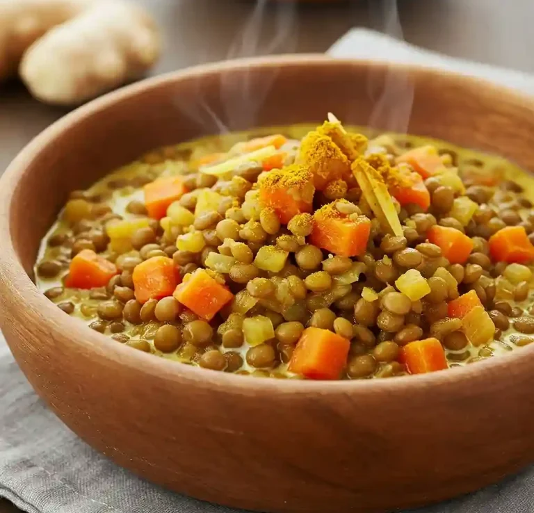 Linsensuppe mit Karotten und Gewürzen in einer Holzschüssel.