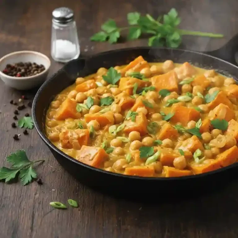 Eintopf mit Kichererbsen, Süßkartoffeln und frischen Kräutern in einer schwarzen Pfanne.