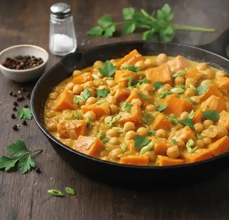Ein herzhaftes Curry mit Kürbis, Kichererbsen und frischen Kräutern in einer Pfanne.