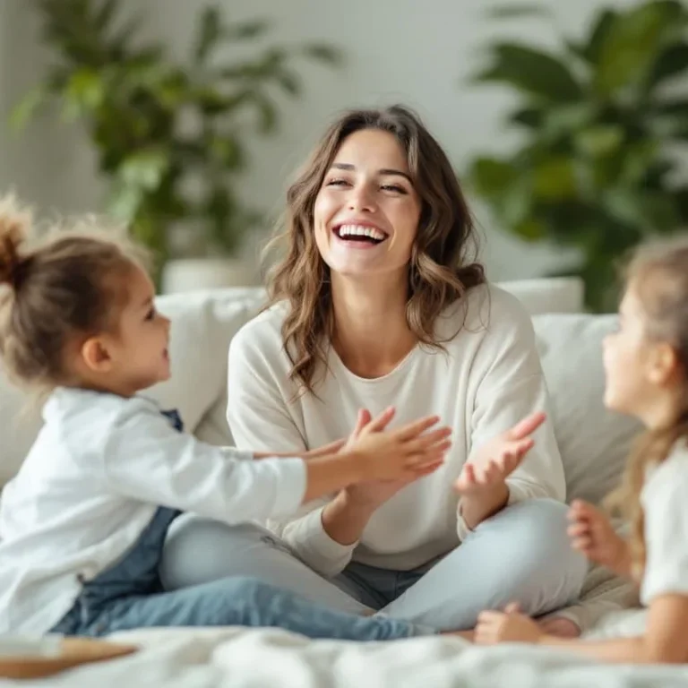 Lächelnde Frau sitzt auf dem Sofa und spielt mit zwei Kindern.
