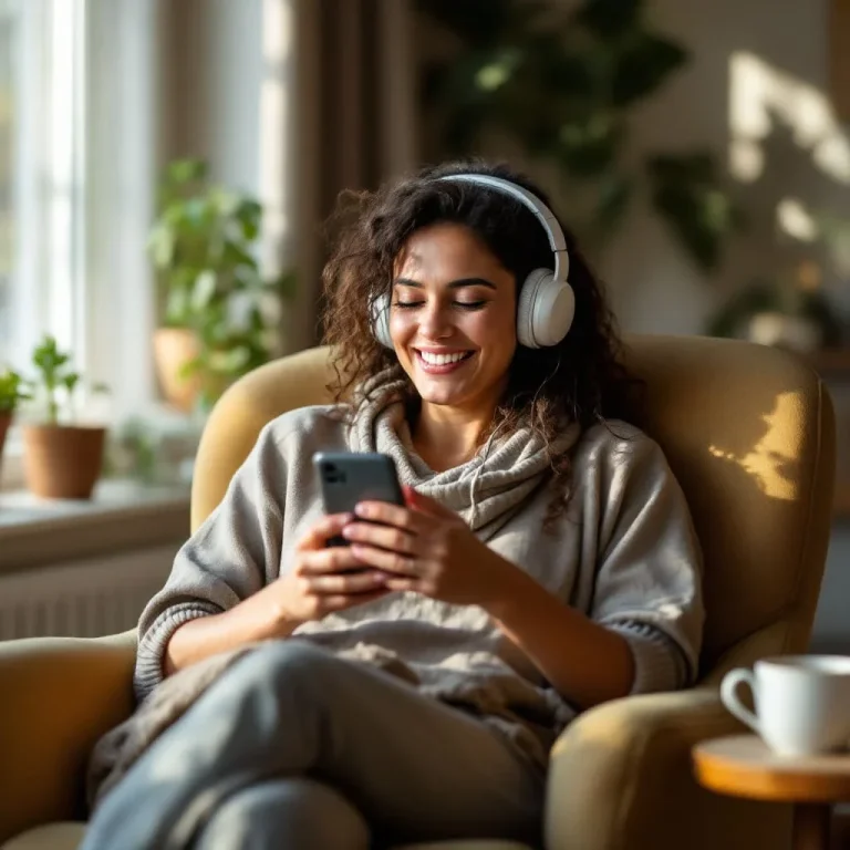 Junge Frau mit Kopfhörern entspannt auf einem Sessel und schaut auf ihr Smartphone.