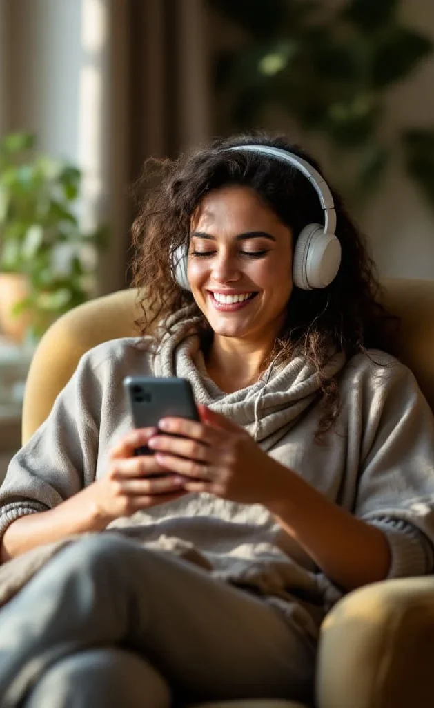 Junge Frau mit Kopfhörern sitzt entspannt auf einem Sessel und schaut auf ihr Smartphone.