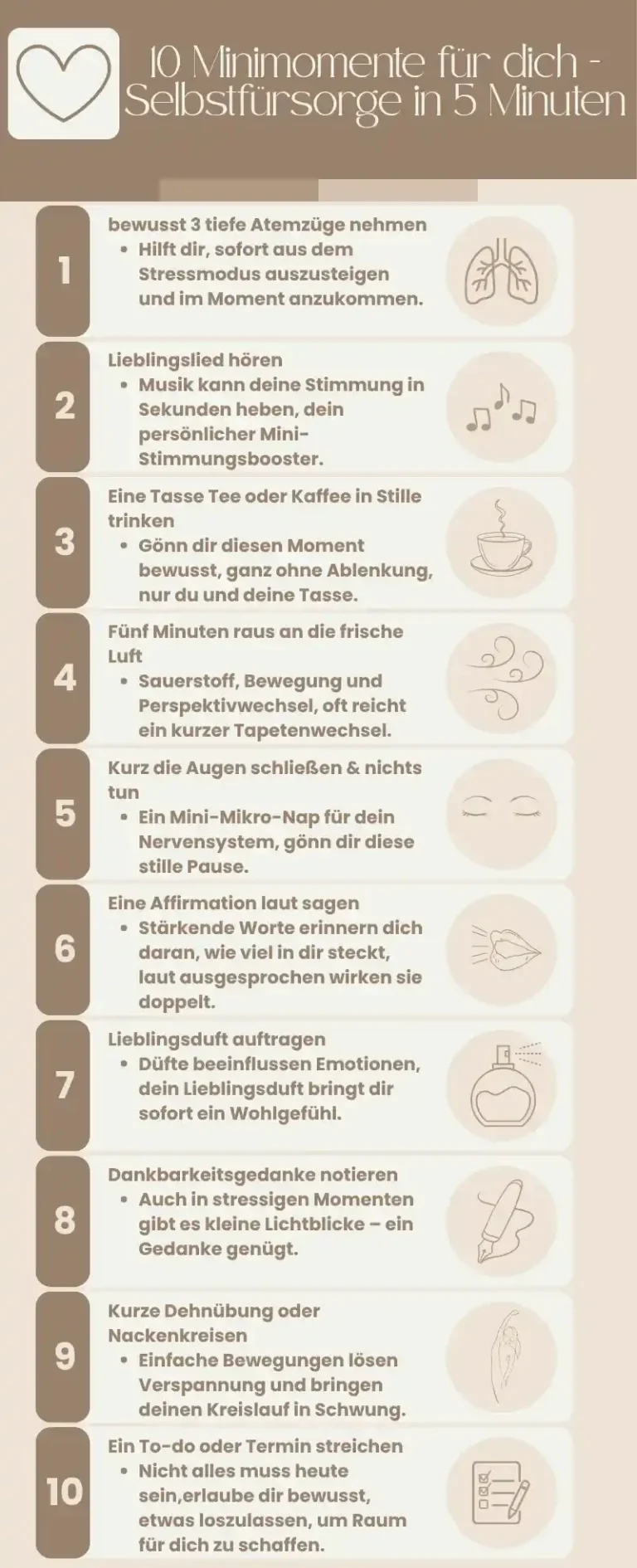 Übersicht mit 10 selbstfürsorge-Tipps bei begrenzter Zeit