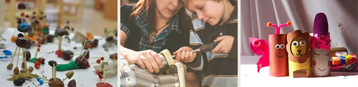 Bunte Spielszenen mit Bauklötzen, einem Kind mit Erwachsenen und Geschenkartikeln.