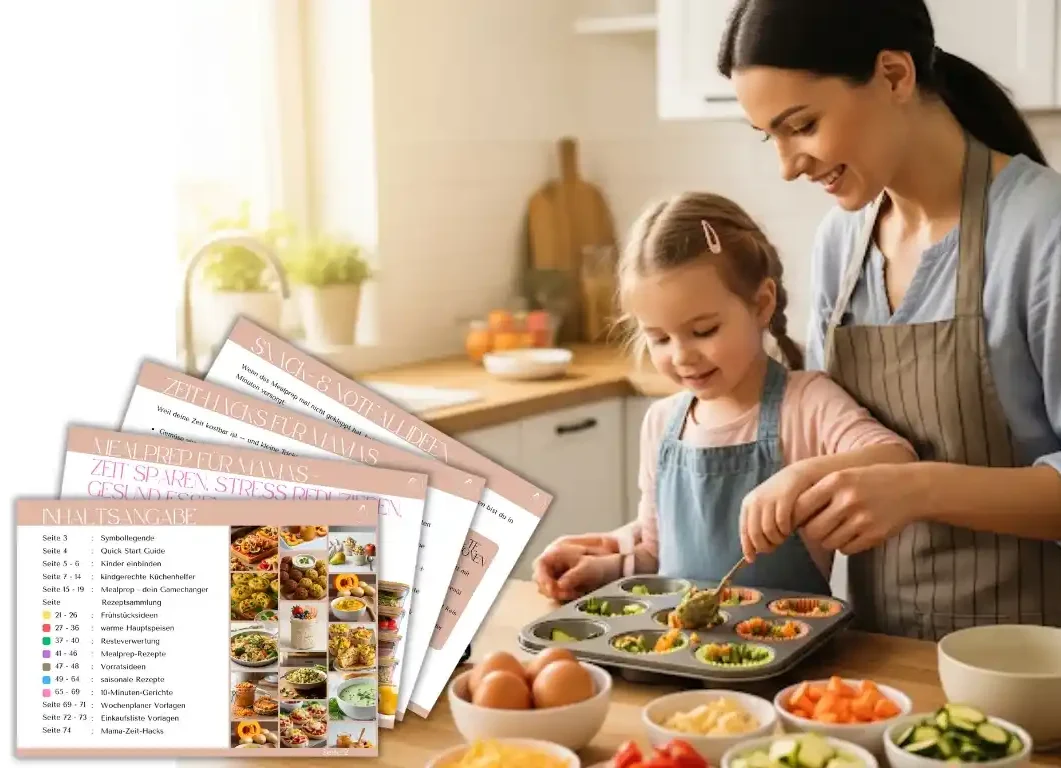 Eine Mutter und ihre Tochter bereiten gemeinsam Gemüsegerichte in der Küche vor.