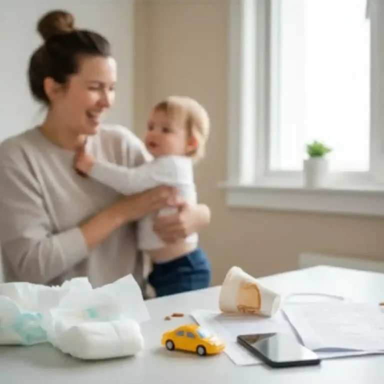 Eine Frau hält ein Kleinkind, während Spielzeug und Windeln auf einem Tisch liegen.