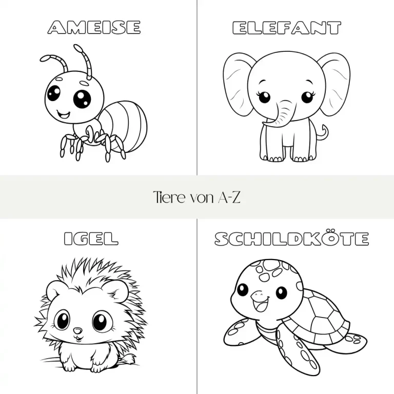 Vier niedliche Tiere: Ameise, Elefant, Igel und Schildkröte, gezeichnet im Malstil.