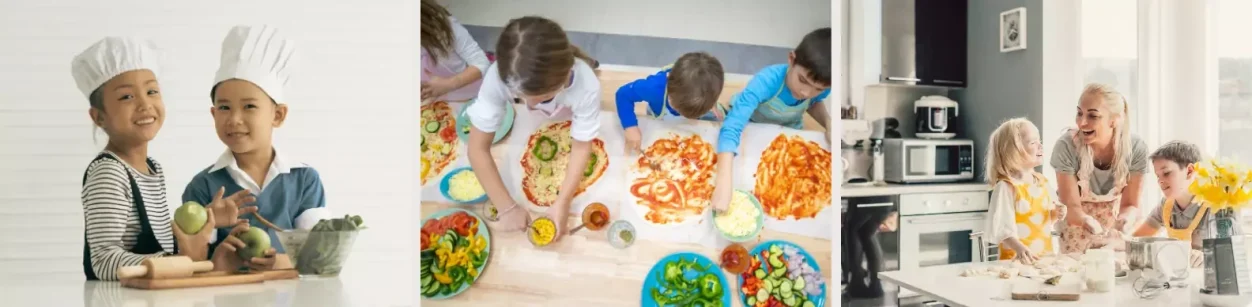 Drei Szenen: Kinder in Kochmützen, verschiedene Gerichte und gemeinsames Essen.