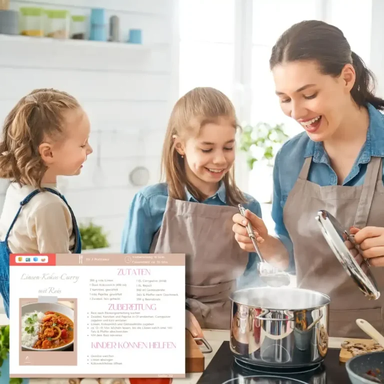 Eine Frau kocht mit zwei Mädchen, die gespannt zusehen und lernen.