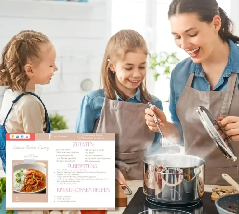 Zwei Kinder und eine Frau kochen gemeinsam, lächelnd, in einer modernen Küche.