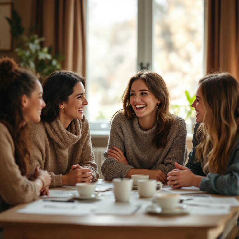 Vier Frauen lächeln und unterhalten sich an einem Tisch mit Tassen und Unterlagen.