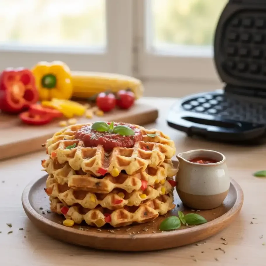 Waffeln mit Gemüse und Sauce auf einem Holzbrett, im Hintergrund ein Waffeleisen.