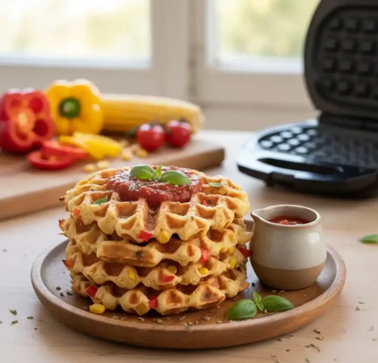 Luftige Waffeln auf einem Holzbrett mit Gemüse und einer Sauce in einer kleinen Schale.