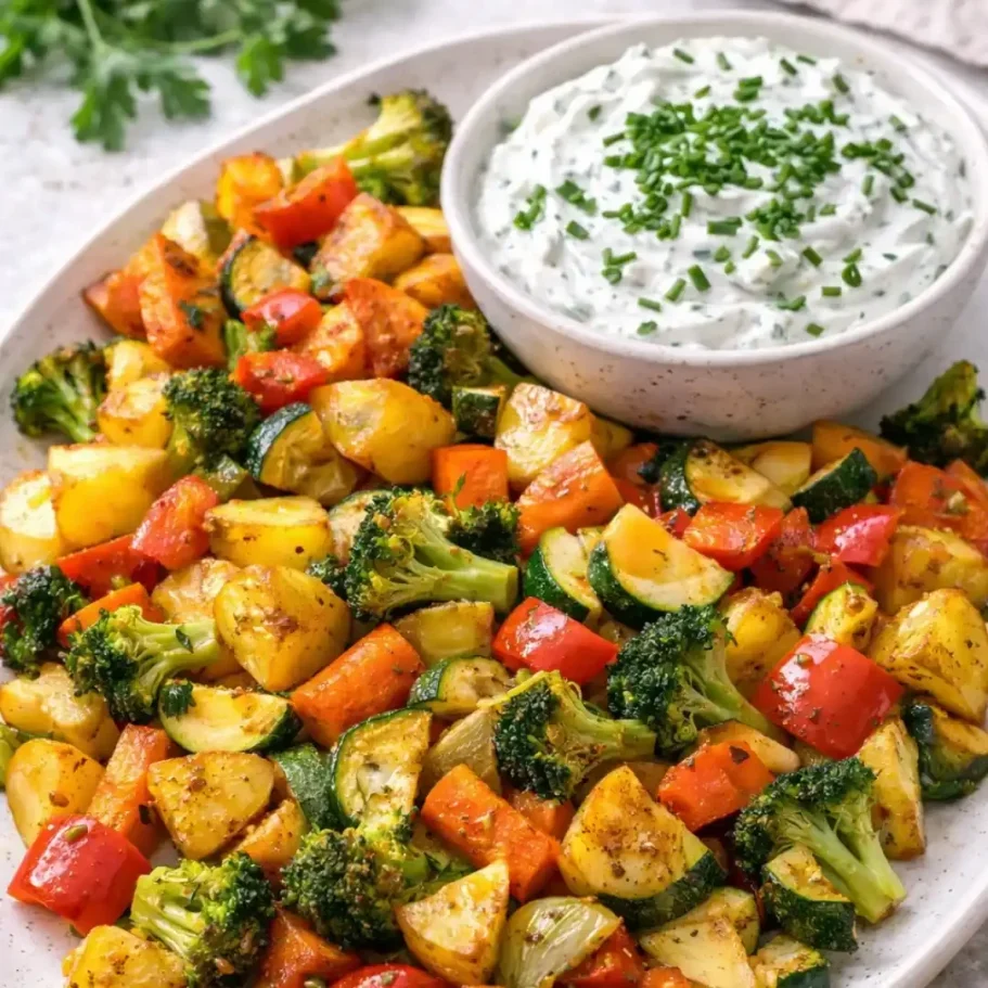 Bunt gemischtes Gemüse mit Kräuterquark in einer Schüssel.