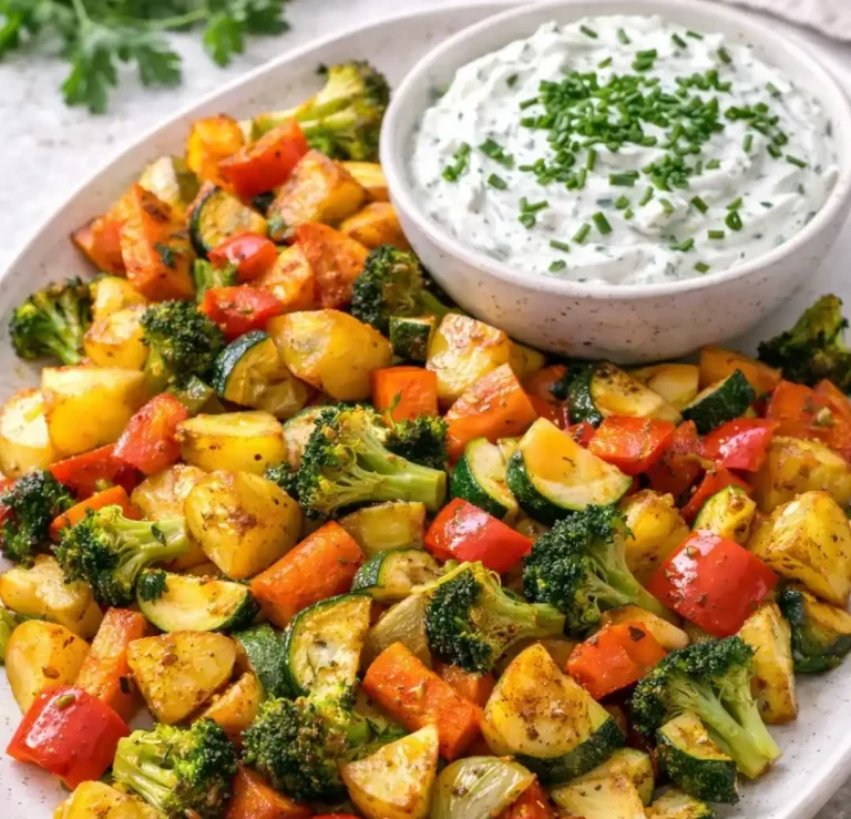 Buntes, gebratenes Gemüse mit einem Becher Kräuterquark.