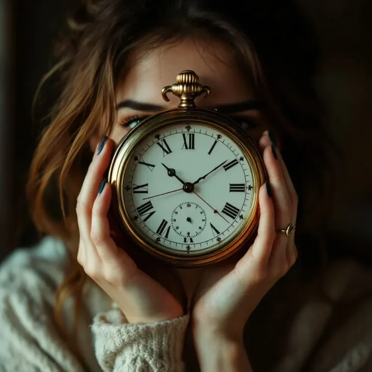 Zeitmanagement für Mütter Eine Person hält eine große, antike Uhr vor ihr Gesicht.