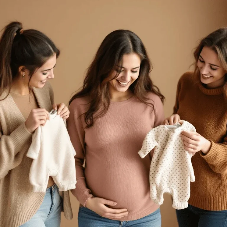 Drei Frauen in warmer Kleidung freuen sich über einen Babybody.