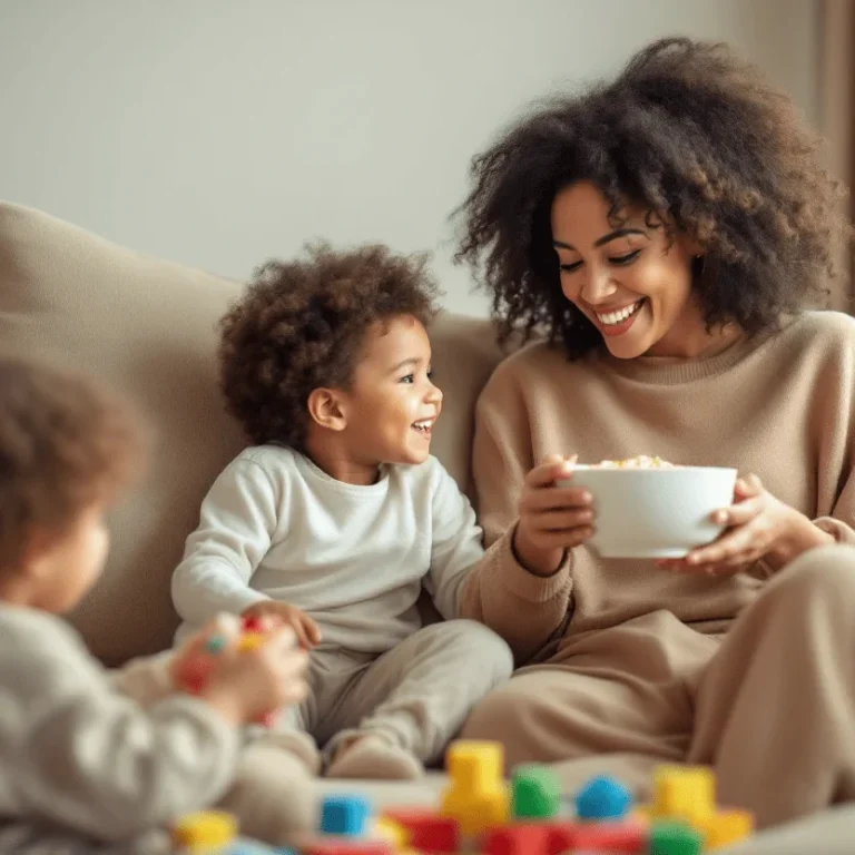 Eine Mutter sitzt mit ihren zwei Kindern auf dem Sofa und teilt eine Schüssel mit Snacks.