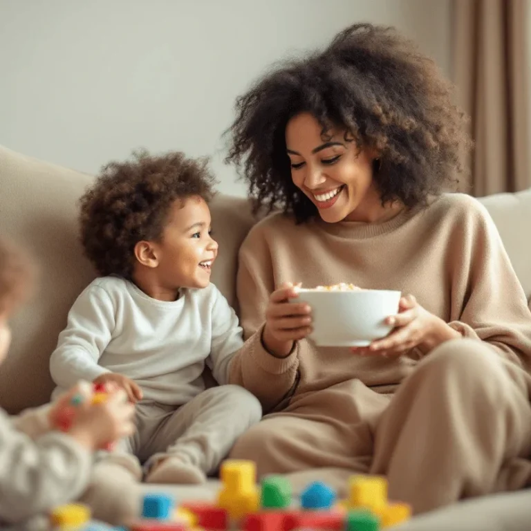Eine Mutter sitzt mit ihren zwei Kindern auf dem Sofa und teilt eine Schüssel Snacks.
